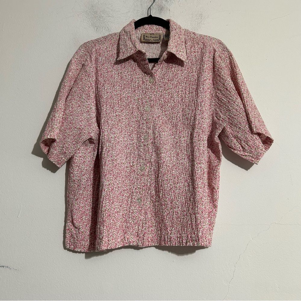 Vintage Pink Floral Cotton Crinkle Short Sleeve Button Down Top Cottage Boho